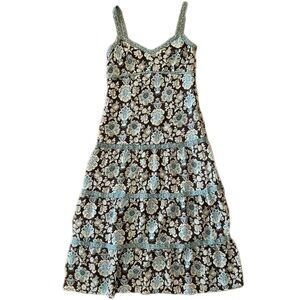 LOFT Turquoise and Brown Y2K Tiered Midi Dress